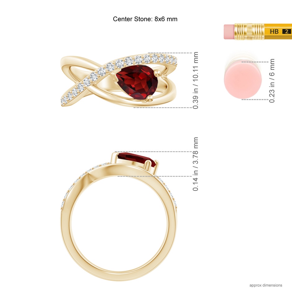 8x6mm AAAA Criss Cross Pear Shaped Garnet Ring with Diamond Accents in Yellow Gold ruler