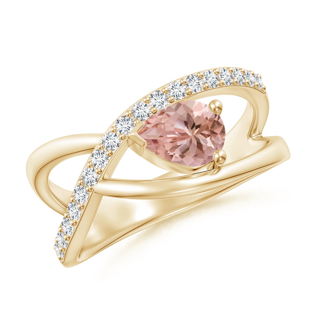 7x5mm AAAA Criss Cross Pear Shaped Morganite Ring with Diamond Accents in Yellow Gold