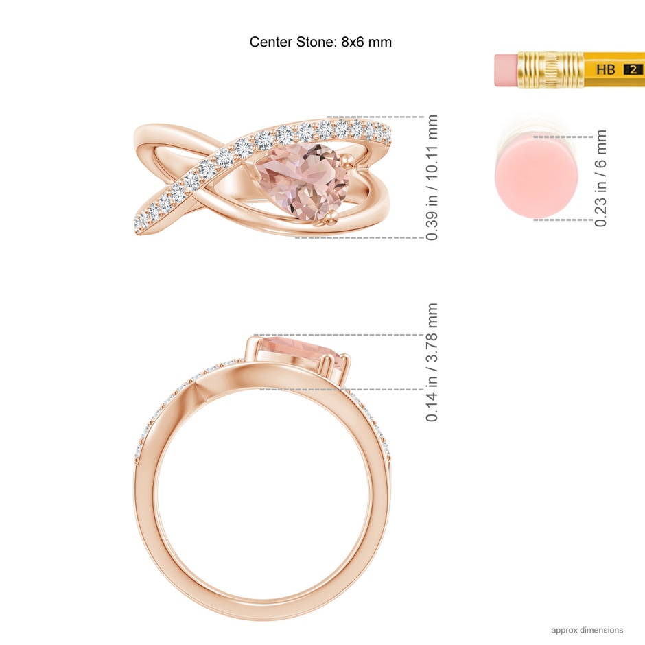 8x6mm AAA Criss Cross Pear Shaped Morganite Ring with Diamond Accents in Rose Gold ruler