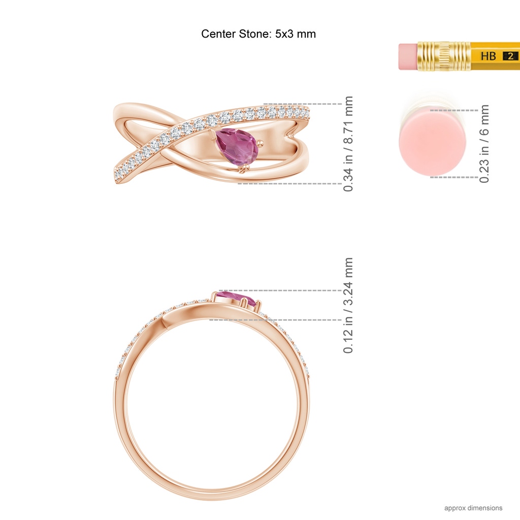 5x3mm AAA Criss Cross Pear Shaped Pink Tourmaline Ring with Diamond Accents in Rose Gold Ruler