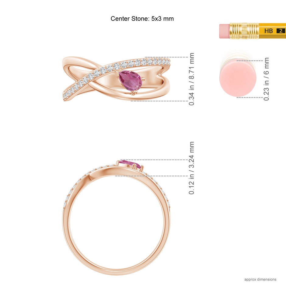5x3mm AAA Criss Cross Pear Shaped Pink Tourmaline Ring with Diamond Accents in Rose Gold ruler