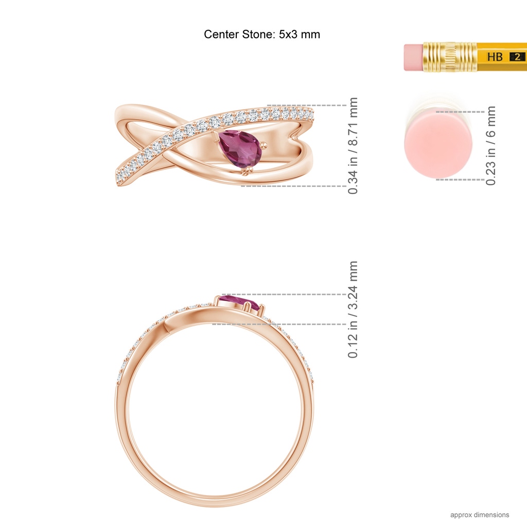 5x3mm AAAA Criss Cross Pear Shaped Pink Tourmaline Ring with Diamond Accents in Rose Gold Ruler