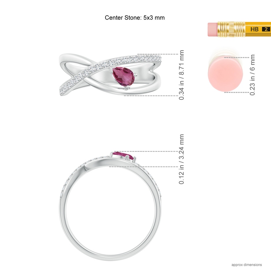 5x3mm AAAA Criss Cross Pear Shaped Pink Tourmaline Ring with Diamond Accents in White Gold ruler