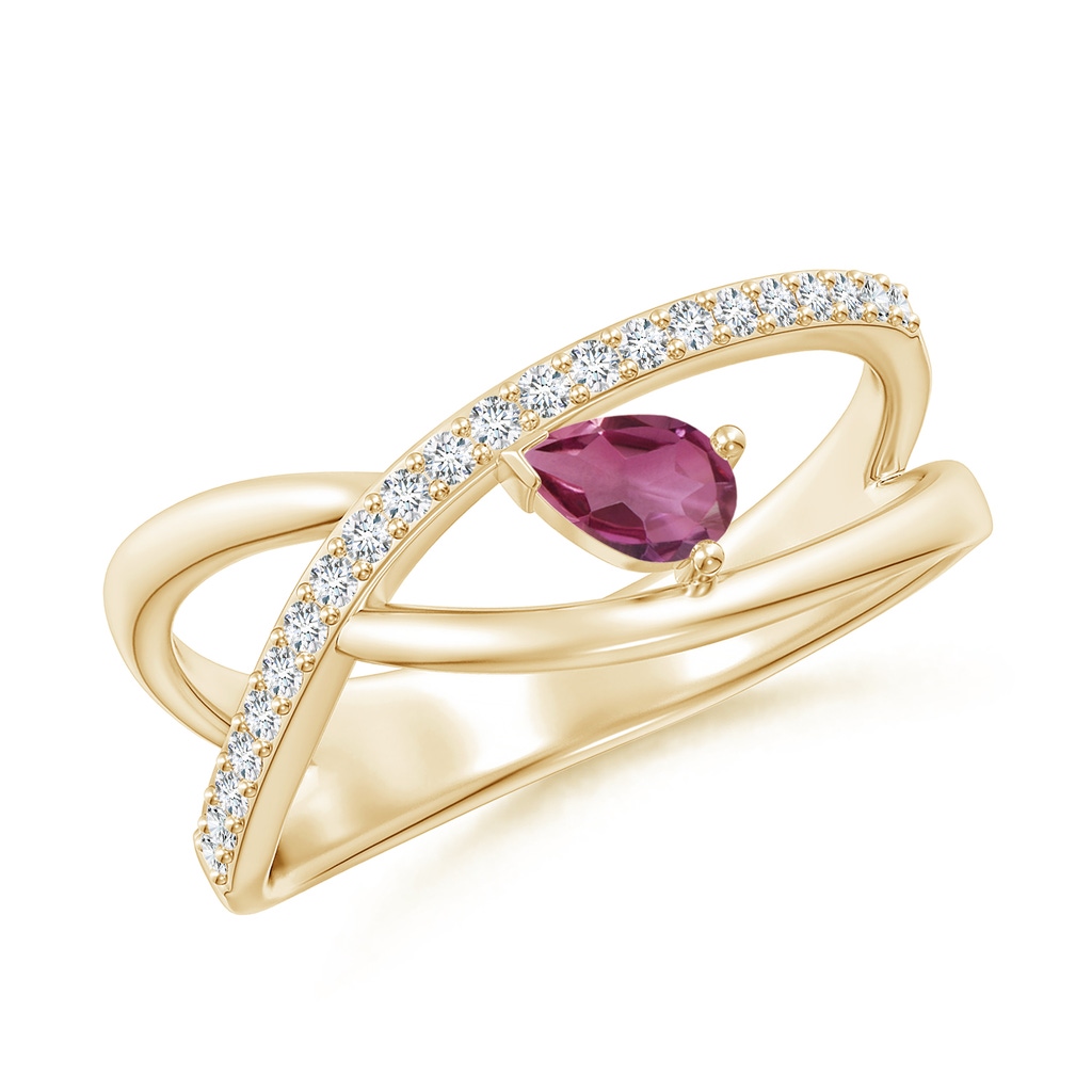 5x3mm AAAA Criss Cross Pear Shaped Pink Tourmaline Ring with Diamond Accents in Yellow Gold