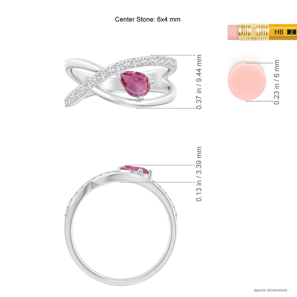 6x4mm AAA Criss Cross Pear Shaped Pink Tourmaline Ring with Diamond Accents in White Gold Ruler