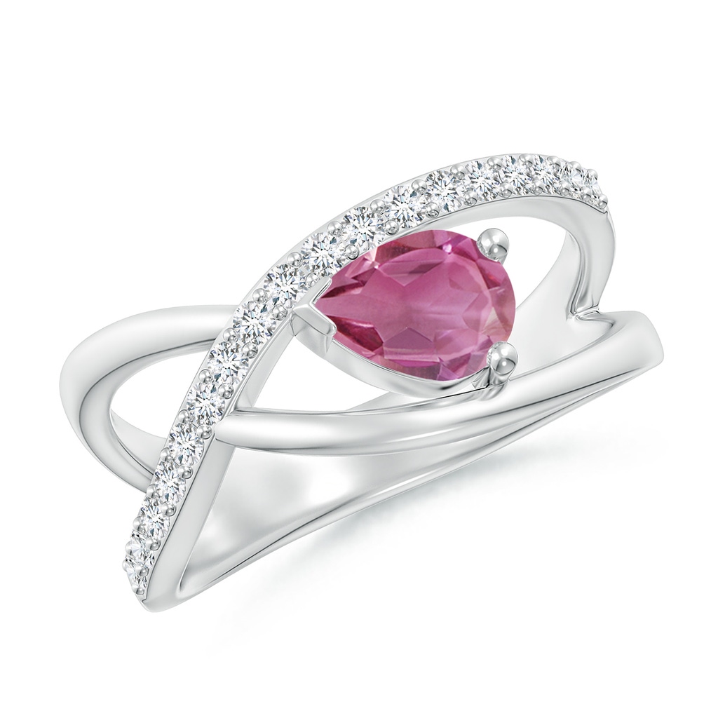 7x5mm AAA Criss Cross Pear Shaped Pink Tourmaline Ring with Diamond Accents in White Gold