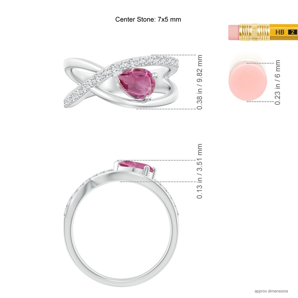 7x5mm AAA Criss Cross Pear Shaped Pink Tourmaline Ring with Diamond Accents in White Gold Ruler