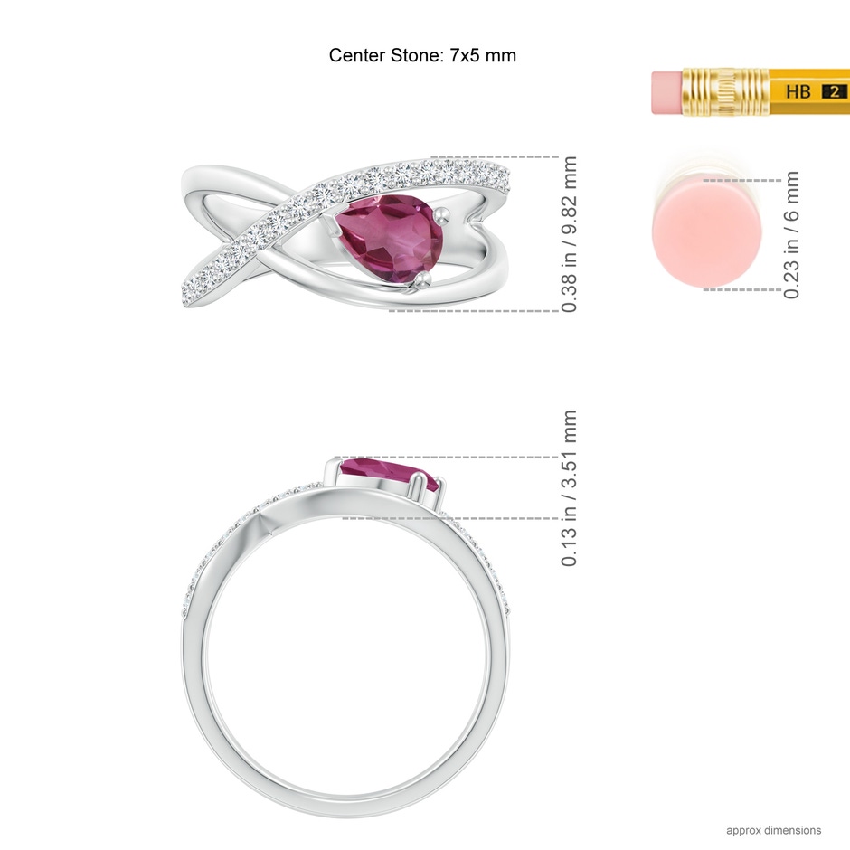 7x5mm AAAA Criss Cross Pear Shaped Pink Tourmaline Ring with Diamond Accents in P950 Platinum ruler