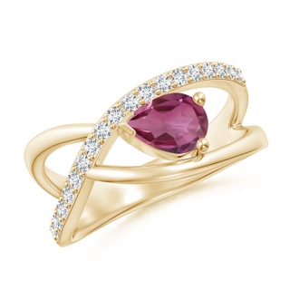 7x5mm AAAA Criss Cross Pear Shaped Pink Tourmaline Ring with Diamond Accents in Yellow Gold