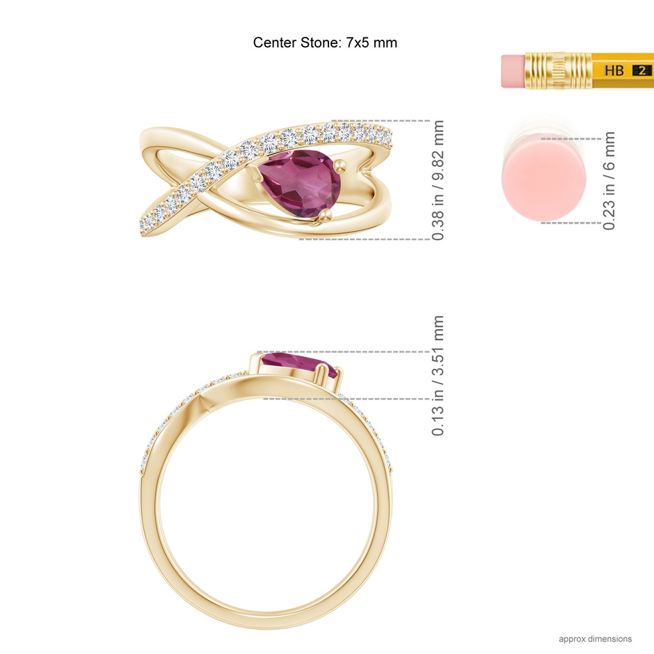 7x5mm AAAA Criss Cross Pear Shaped Pink Tourmaline Ring with Diamond Accents in Yellow Gold ruler