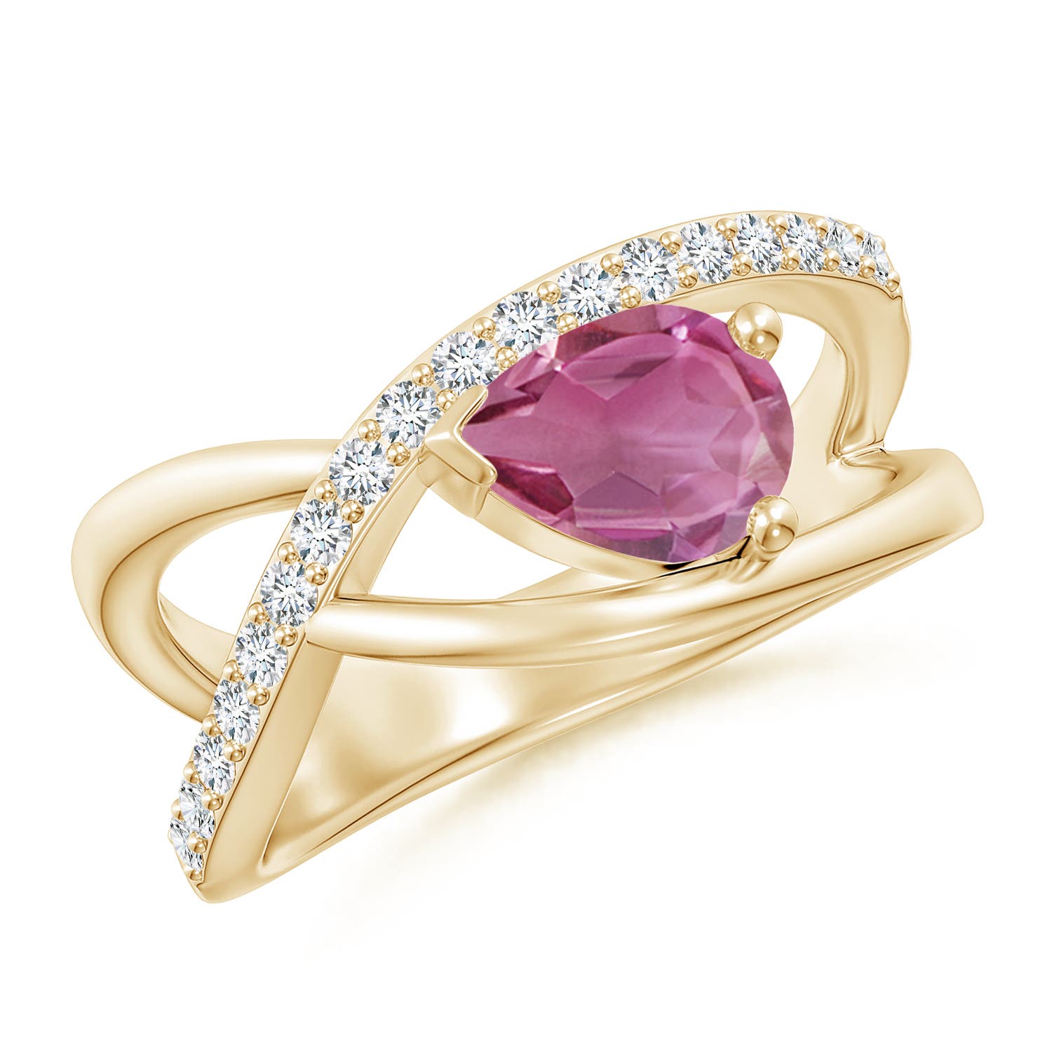8x6mm AAA Criss Cross Pear Shaped Pink Tourmaline Ring with Diamond Accents in 18K Yellow Gold
