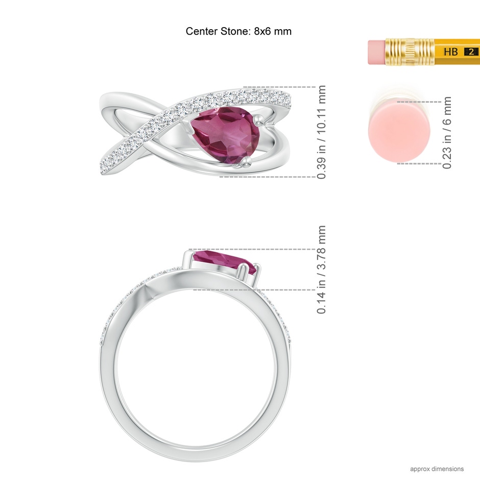8x6mm AAAA Criss Cross Pear Shaped Pink Tourmaline Ring with Diamond Accents in P950 Platinum ruler