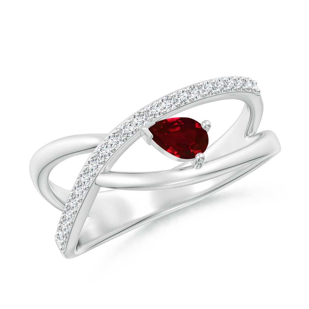 5x3mm AAAA Criss Cross Pear Shaped Ruby Ring with Diamond Accents in P950 Platinum