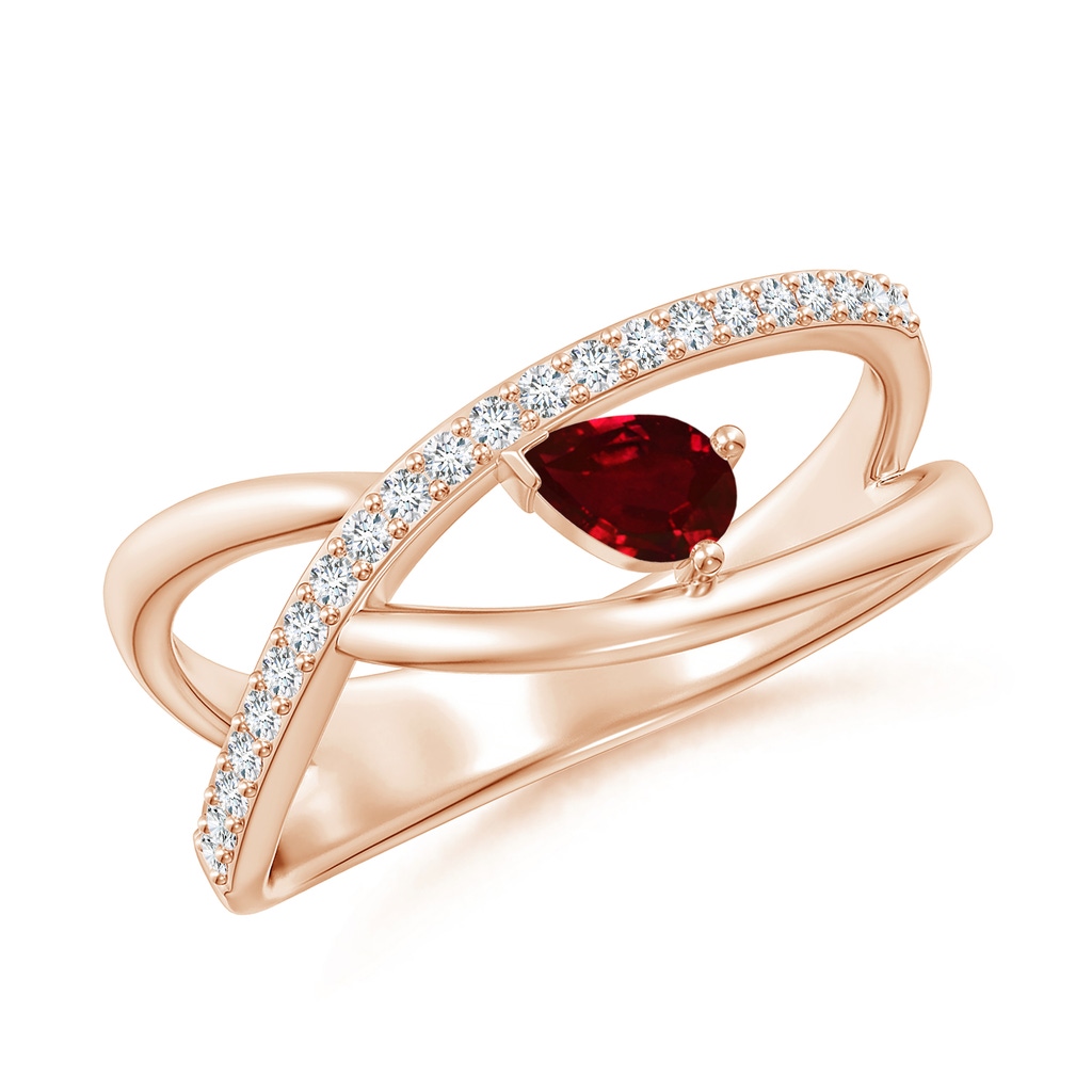 5x3mm AAAA Criss Cross Pear Shaped Ruby Ring with Diamond Accents in Rose Gold