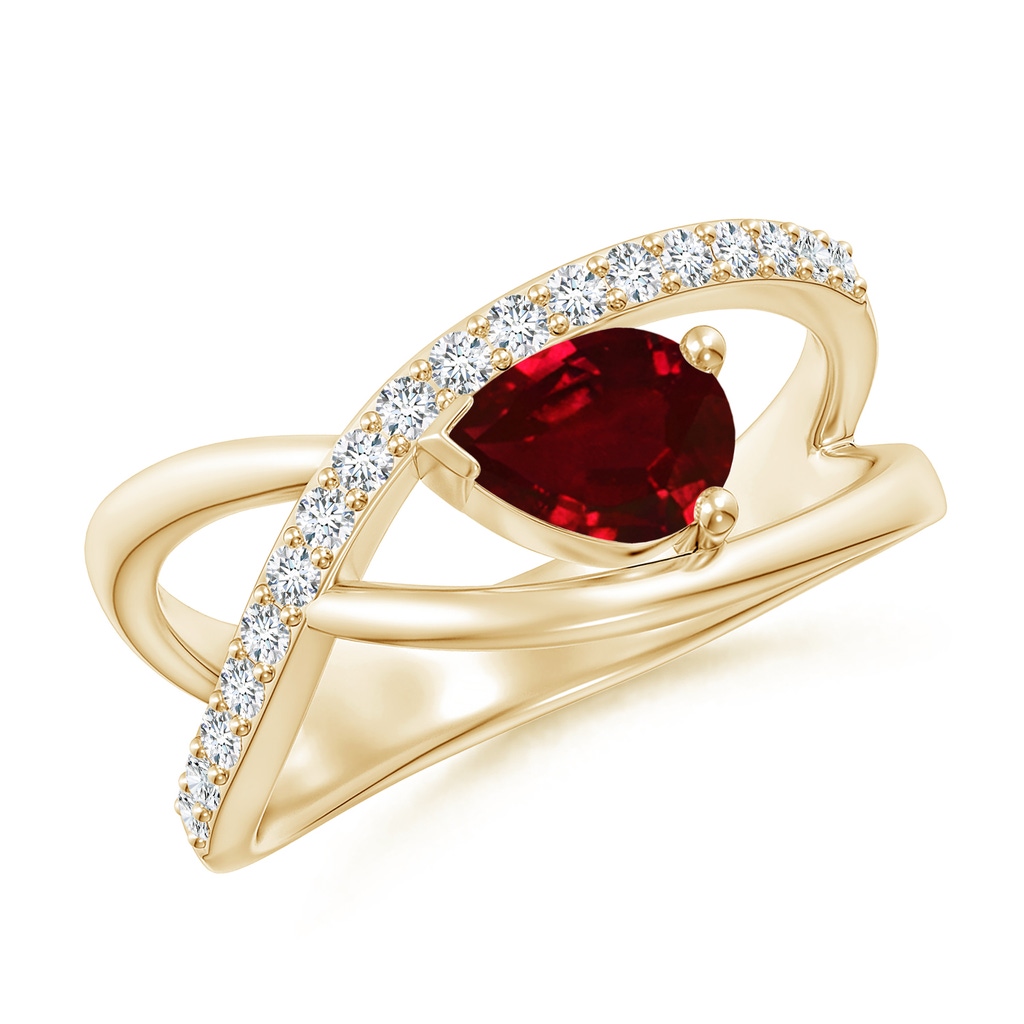 7x5mm AAAA Criss Cross Pear Shaped Ruby Ring with Diamond Accents in Yellow Gold