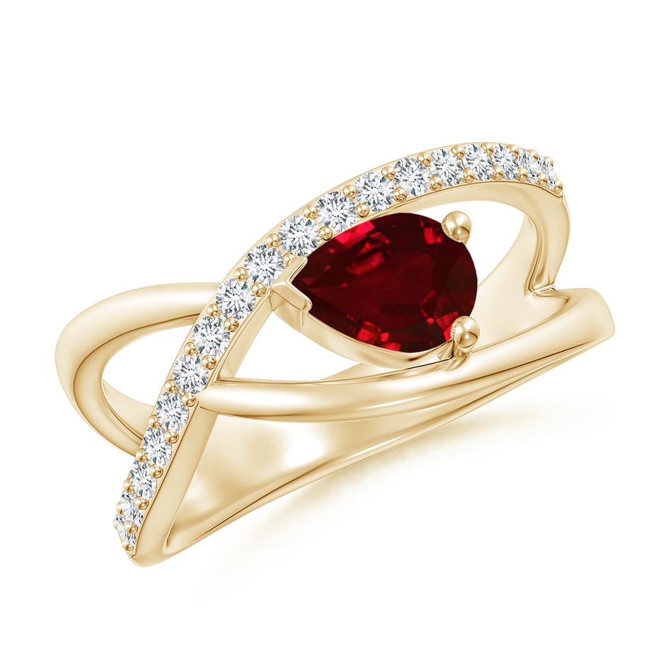 7x5mm AAAA Criss Cross Pear Shaped Ruby Ring with Diamond Accents in Yellow Gold 