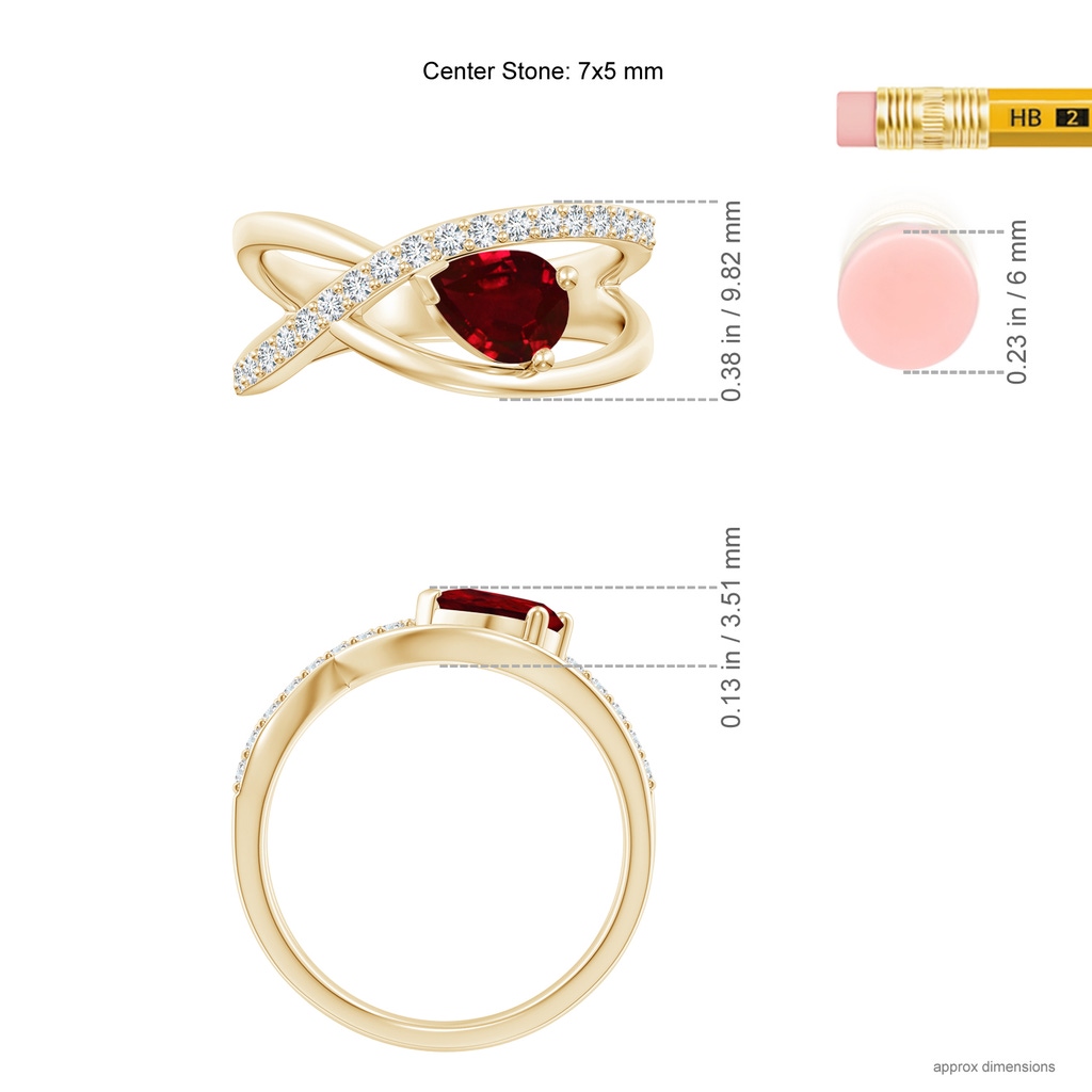 7x5mm AAAA Criss Cross Pear Shaped Ruby Ring with Diamond Accents in Yellow Gold Ruler