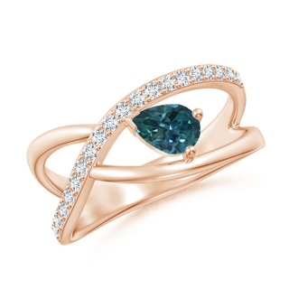 6x4mm AAA Criss Cross Pear Shaped Teal Montana Sapphire Ring with Diamonds in Rose Gold