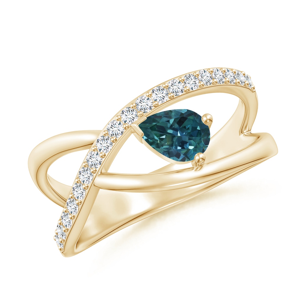 6x4mm AAA Criss Cross Pear Shaped Teal Montana Sapphire Ring with Diamonds in Yellow Gold