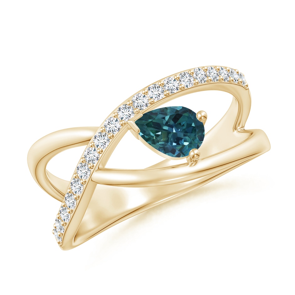 6x4mm AAA Criss Cross Pear Shaped Teal Montana Sapphire Ring with Diamonds in Yellow Gold 