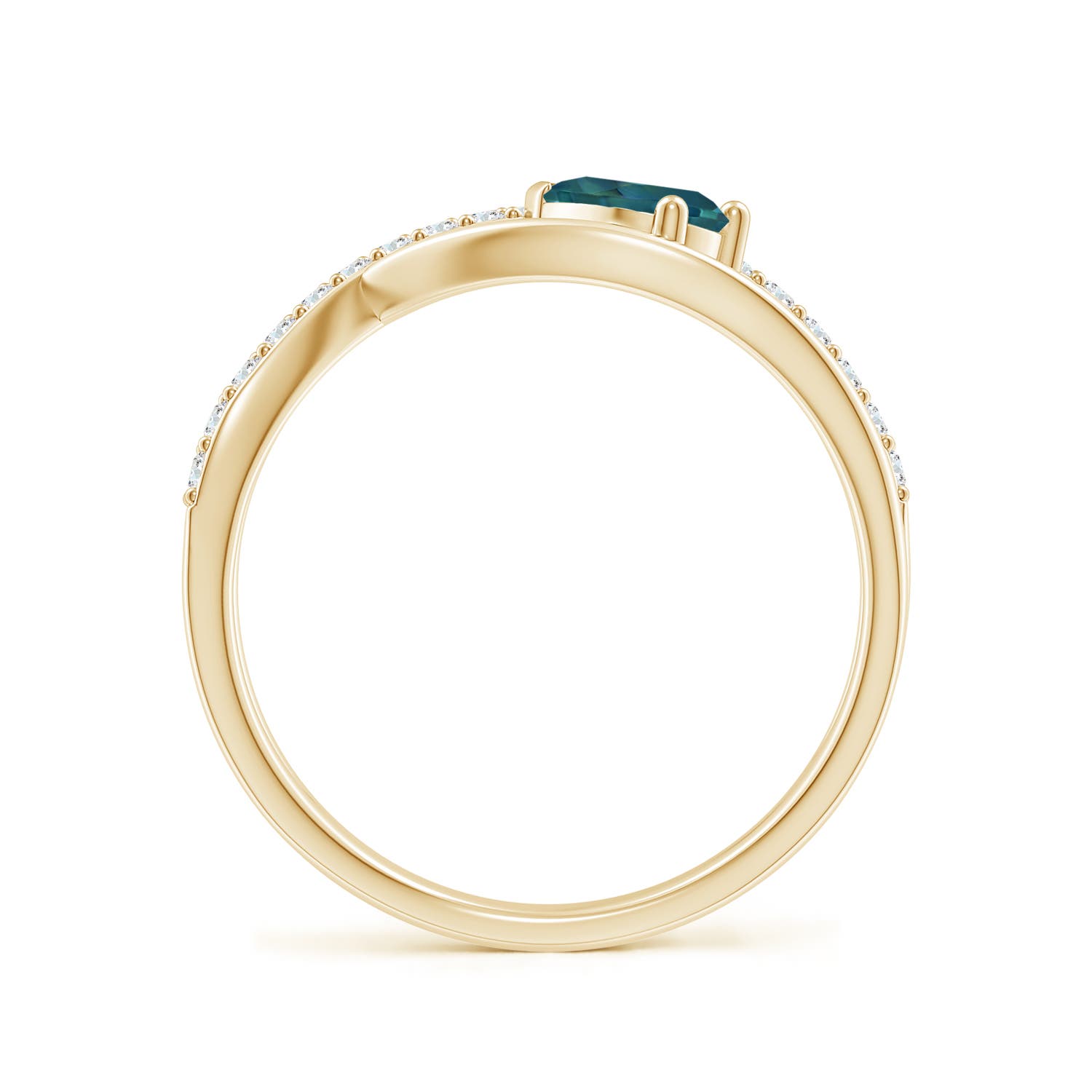 6x4mm AAA Criss Cross Pear Shaped Teal Montana Sapphire Ring with Diamonds in Yellow Gold - side 1