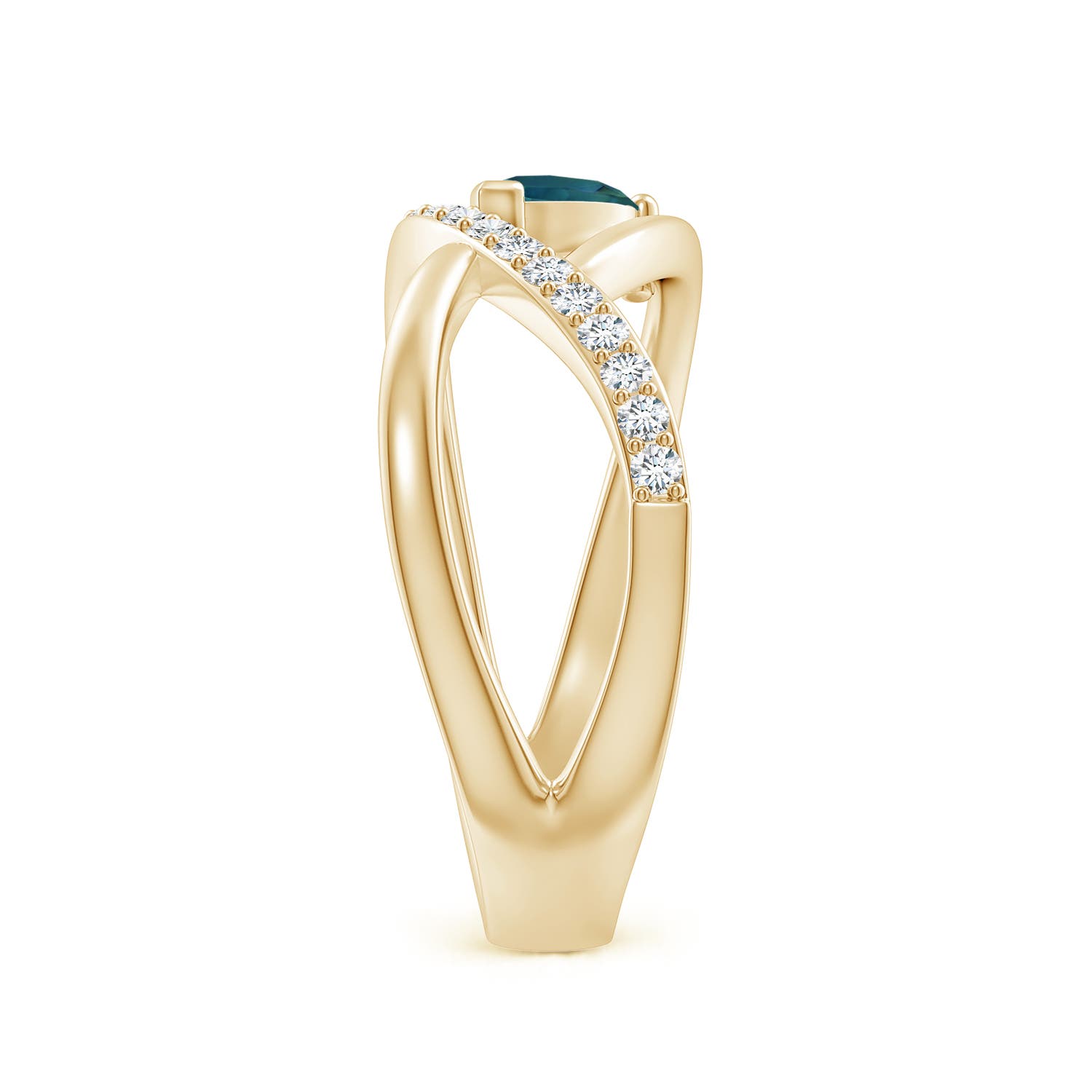 6x4mm AAA Criss Cross Pear Shaped Teal Montana Sapphire Ring with Diamonds in Yellow Gold - side 2