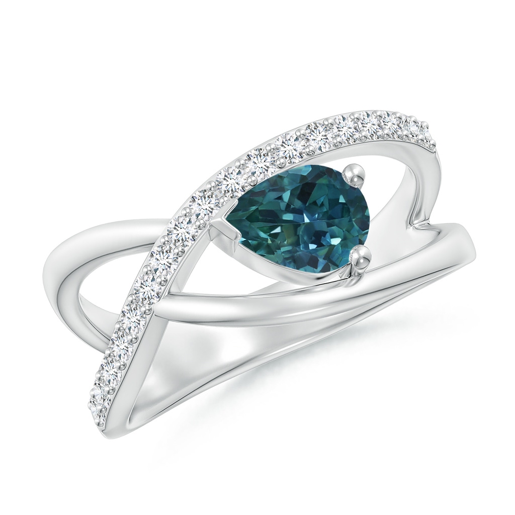 7x5mm AAA Criss Cross Pear Shaped Teal Montana Sapphire Ring with Diamonds in White Gold