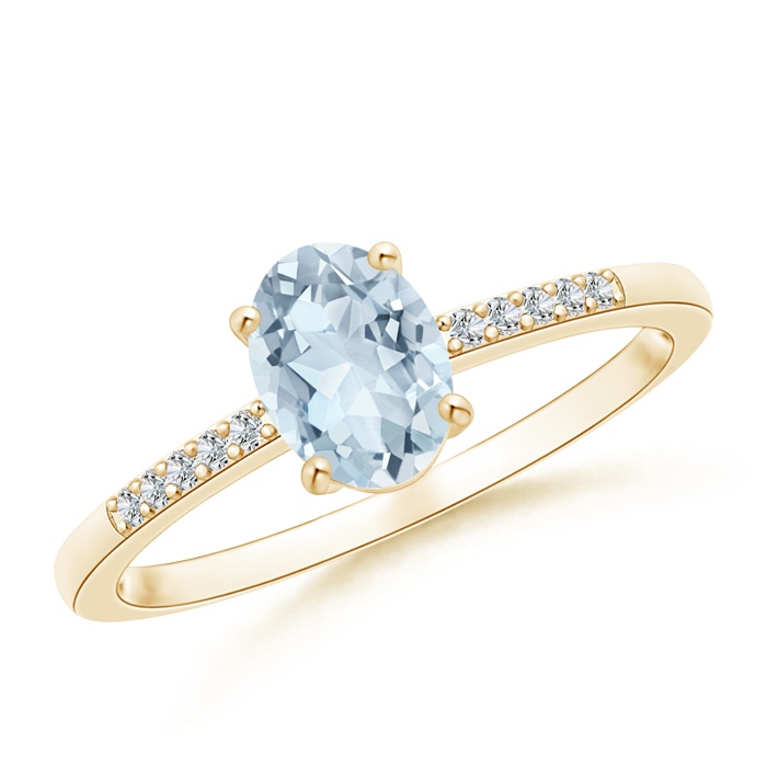7x5mm A Oval Solitaire Aquamarine Ring with Diamond Accents in 10K Yellow Gold 