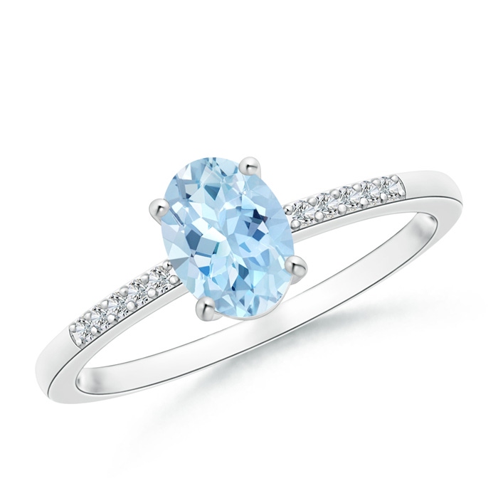 7x5mm AAA Oval Solitaire Aquamarine Ring with Diamond Accents in White Gold 