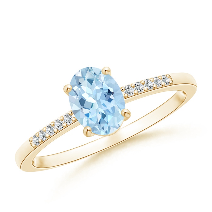 7x5mm AAA Oval Solitaire Aquamarine Ring with Diamond Accents in Yellow Gold