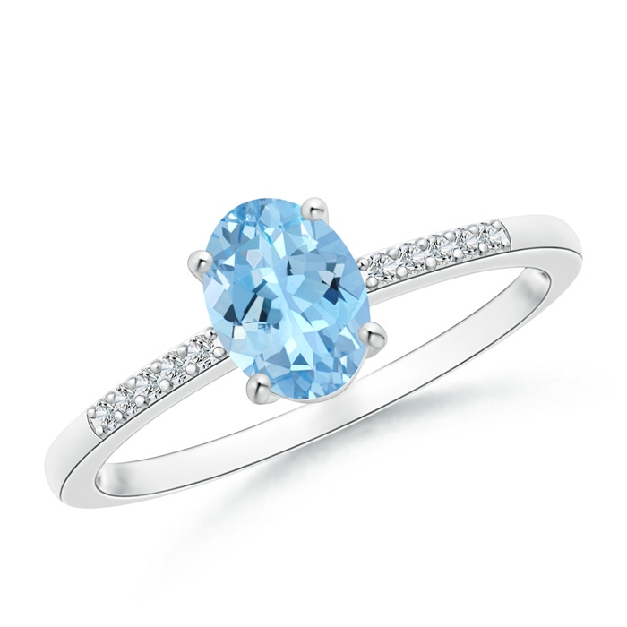 7x5mm AAAA Oval Solitaire Aquamarine Ring with Diamond Accents in White Gold 