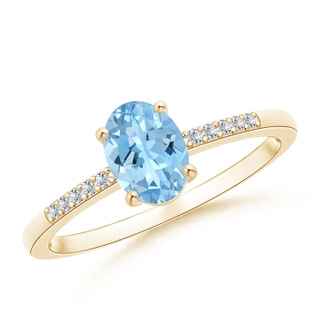7x5mm AAAA Oval Solitaire Aquamarine Ring with Diamond Accents in Yellow Gold