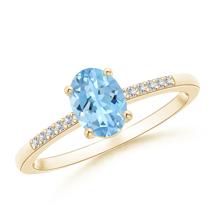 7x5mm AAAA Oval Solitaire Aquamarine Ring with Diamond Accents in Yellow Gold 