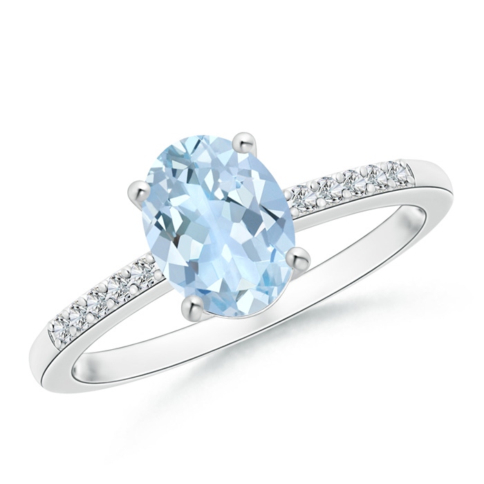 8x6mm AA Oval Solitaire Aquamarine Ring with Diamond Accents in White Gold 