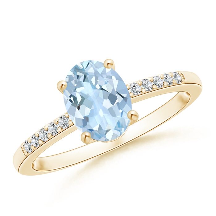 8x6mm AA Oval Solitaire Aquamarine Ring with Diamond Accents in Yellow Gold 