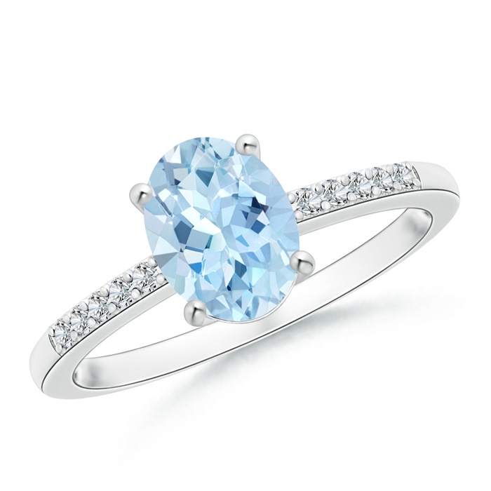 8x6mm AAA Oval Solitaire Aquamarine Ring with Diamond Accents in White Gold 