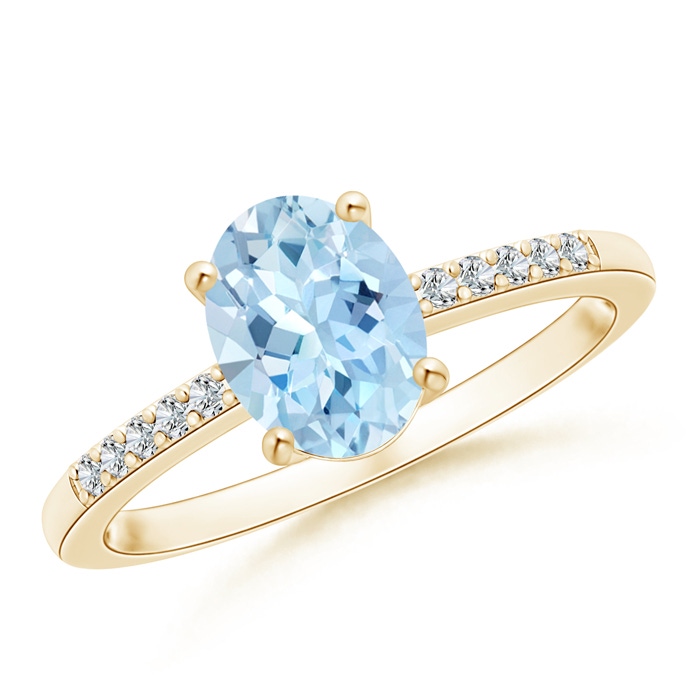 8x6mm AAA Oval Solitaire Aquamarine Ring with Diamond Accents in Yellow Gold 