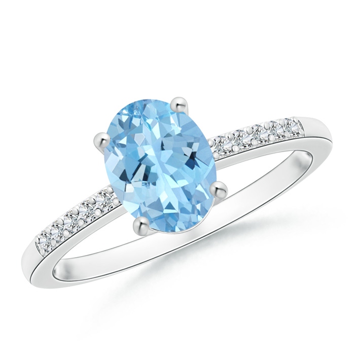 8x6mm AAAA Oval Solitaire Aquamarine Ring with Diamond Accents in White Gold 