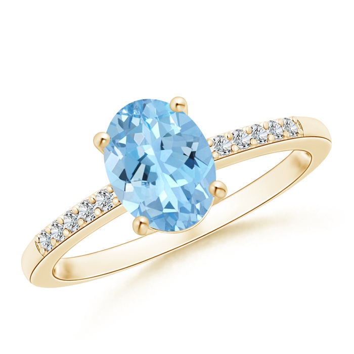 8x6mm AAAA Oval Solitaire Aquamarine Ring with Diamond Accents in Yellow Gold 