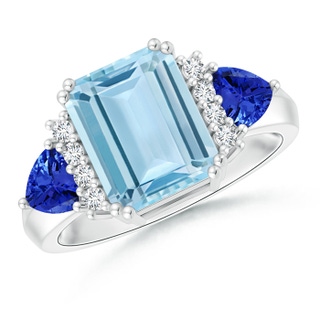 10x8mm AAA Emerald Cut Aquamarine Trillion Tanzanite 3 Stone Ring in 9K White Gold