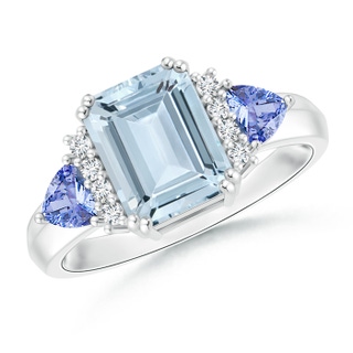 9x7mm A Emerald Cut Aquamarine Trillion Tanzanite 3 Stone Ring in White Gold