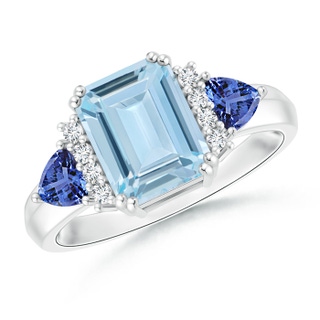 9x7mm AA Emerald Cut Aquamarine Trillion Tanzanite 3 Stone Ring in 9K White Gold