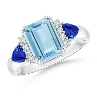 9x7mm AAA Emerald Cut Aquamarine Trillion Tanzanite 3 Stone Ring in 9K White Gold