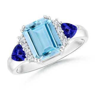 9x7mm AAAA Emerald Cut Aquamarine Trillion Tanzanite 3 Stone Ring in 9K White Gold