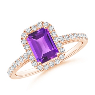 7x5mm AAA Emerald-Cut Amethyst Halo Ring in Rose Gold
