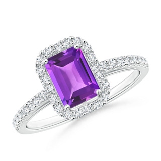 7x5mm AAA Emerald-Cut Amethyst Halo Ring in White Gold