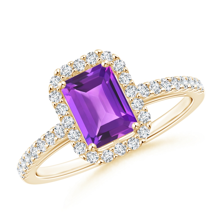 7x5mm AAA Emerald-Cut Amethyst Halo Ring in Yellow Gold 