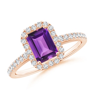 7x5mm AAAA Emerald-Cut Amethyst Halo Ring in 10K Rose Gold