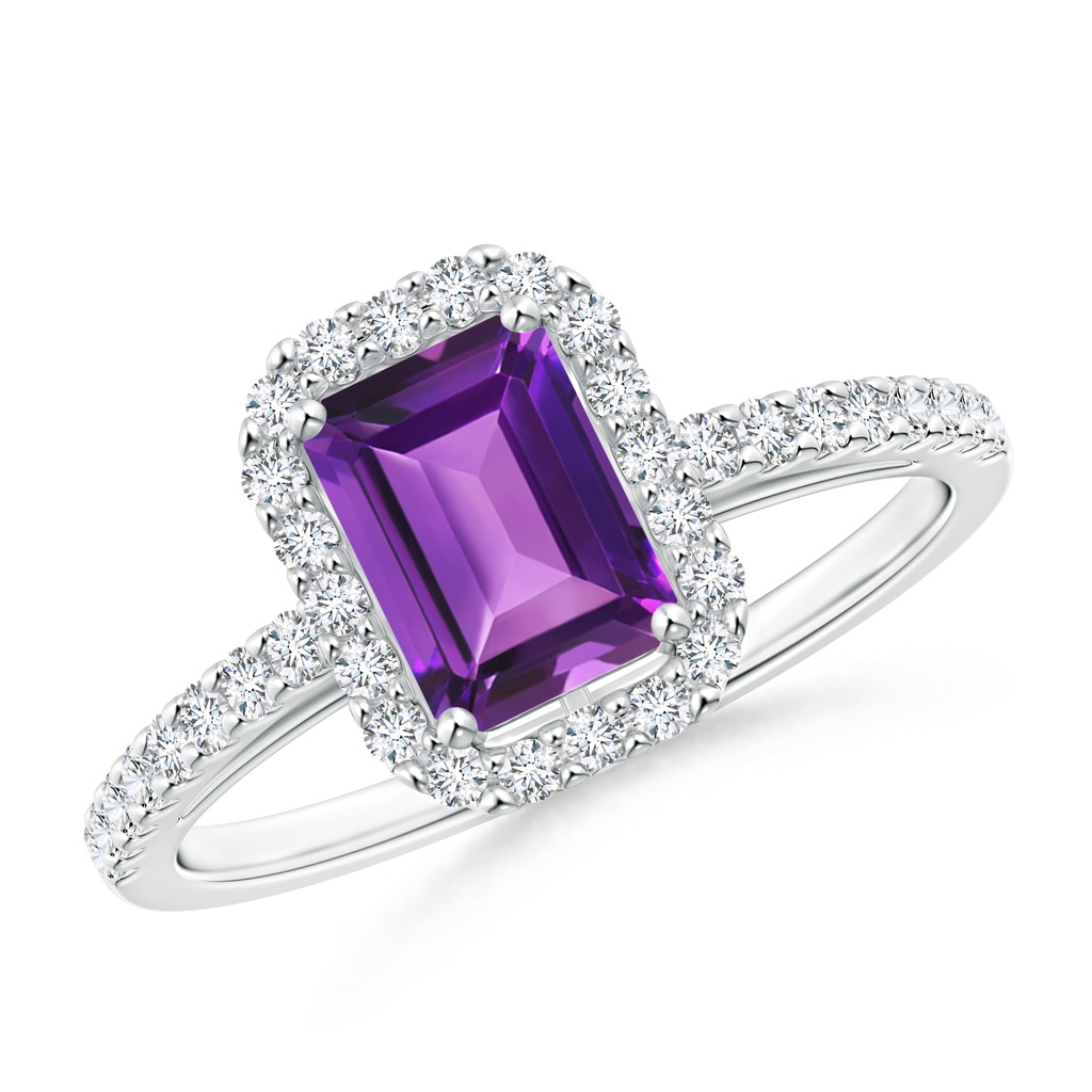 7x5mm AAAA Emerald-Cut Amethyst Halo Ring in White Gold