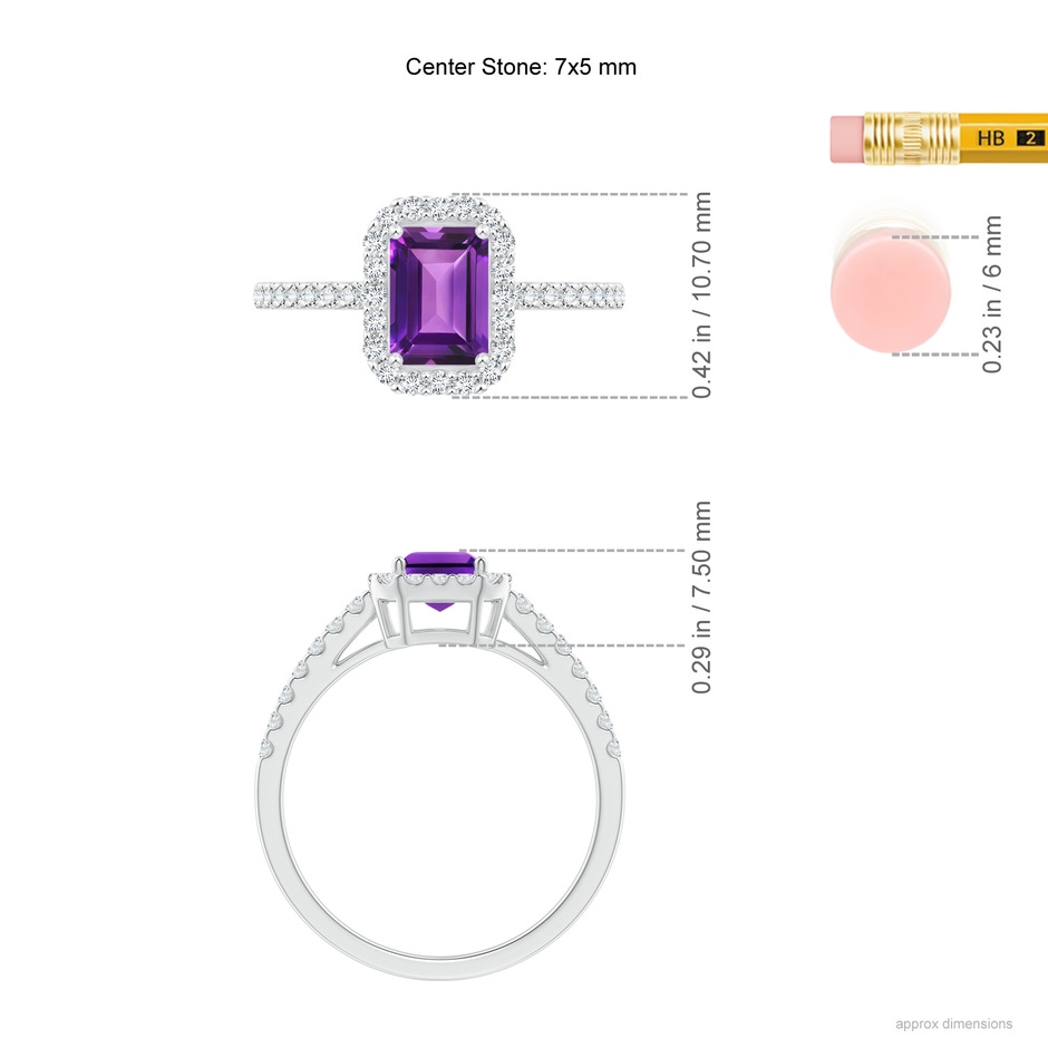 7x5mm AAAA Emerald-Cut Amethyst Halo Ring in White Gold ruler